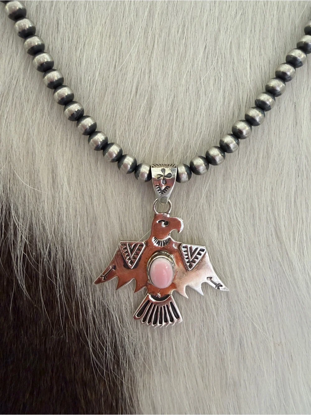 ❤️ Queen Pink Conch Hand Stamped Thunderbird Sterling Pendant Unisex 1.67”L